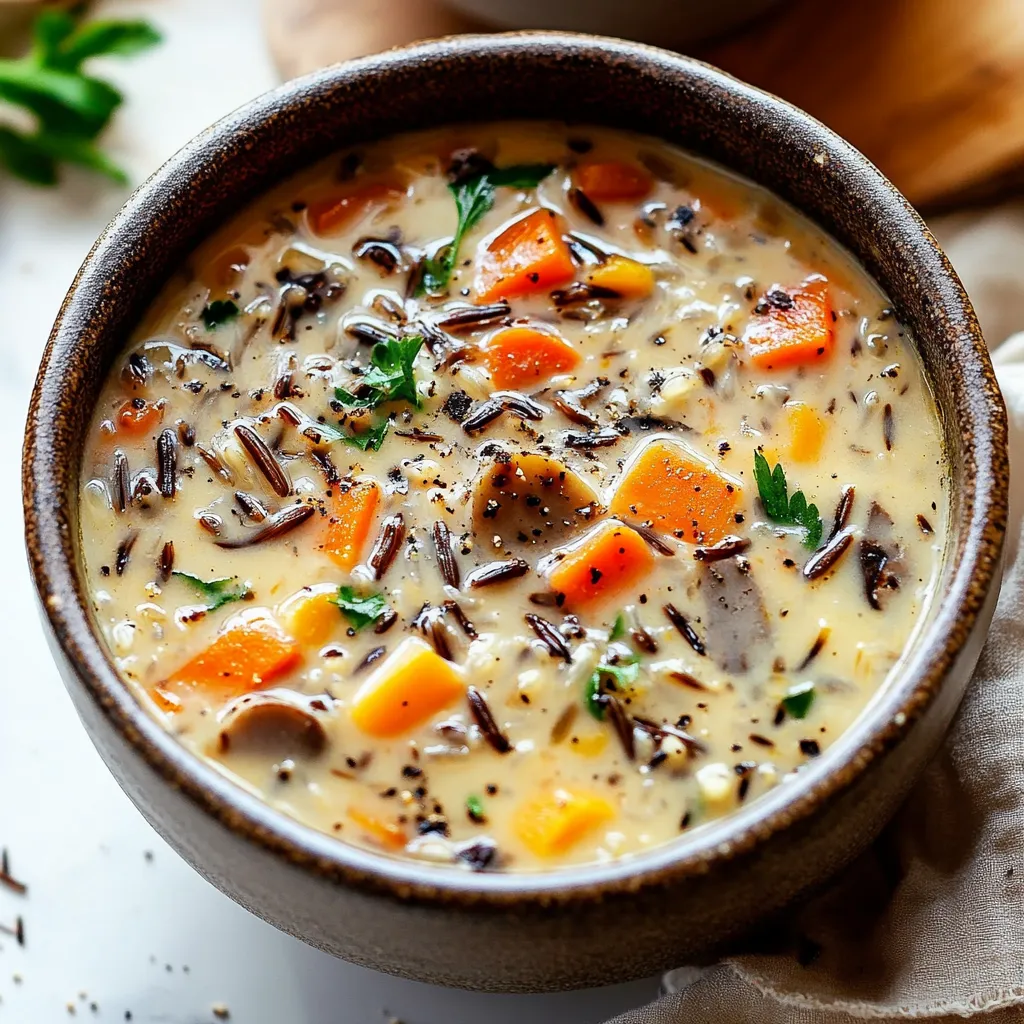 Hot bowl with wild rice mushrooms veggies and creamy broth