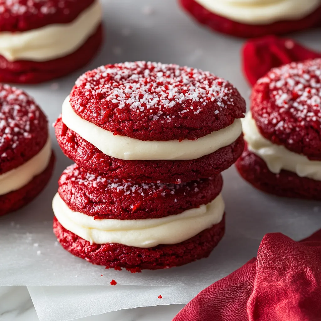 Red velvet cookies sandwiched with rich cream cheese filling
