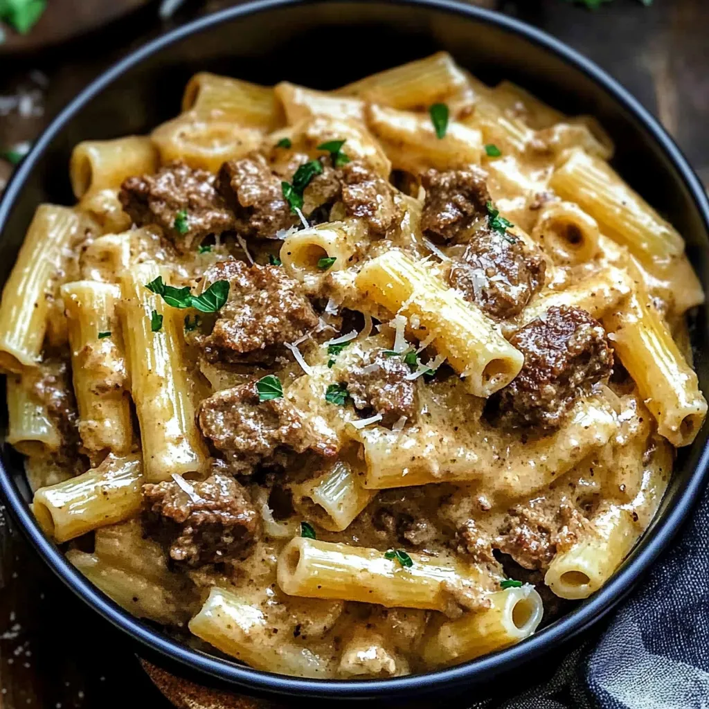 Beef pasta smothered in creamy garlic sauce