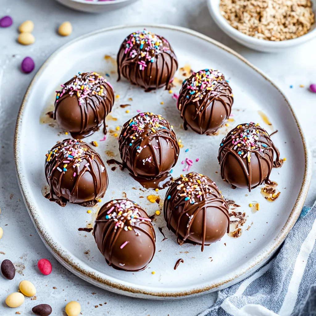 Plate stacked with chocolate-covered marshmallows loaded with sprinkles sitting on a table.