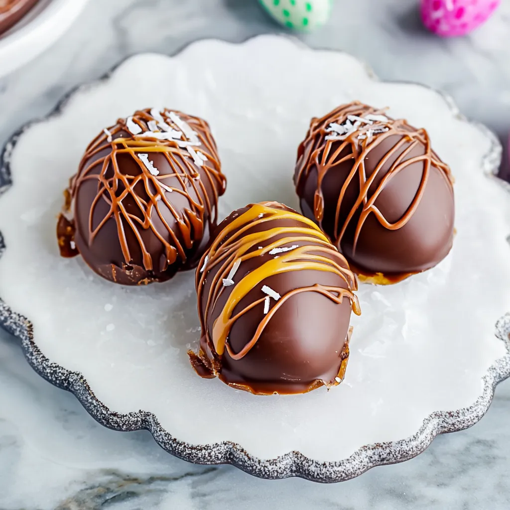 Super easy Chocolate Caramel Easter Eggs shown up close with colorful sprinkles