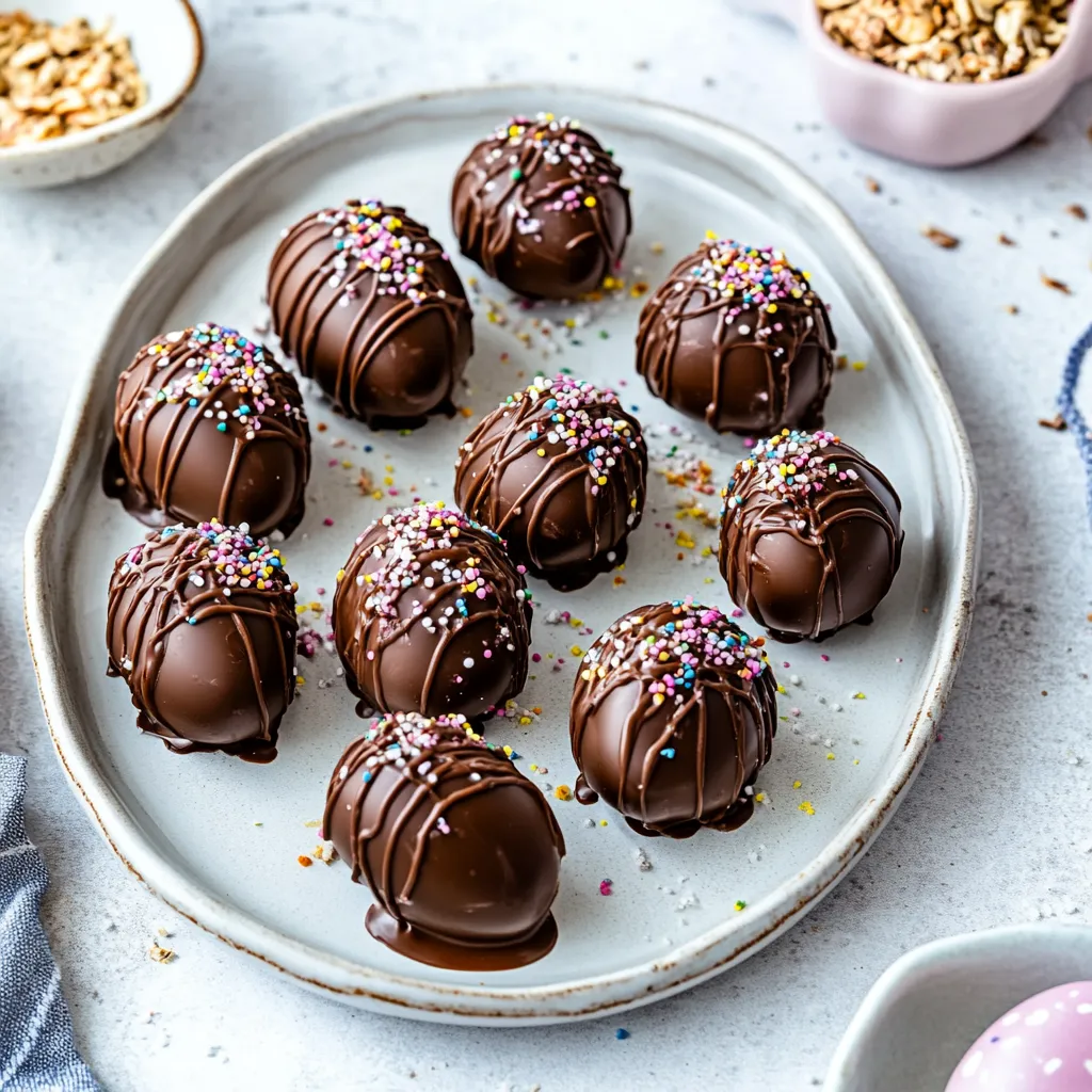 Chocolate candies topped with colorful sprinkles on a plate.