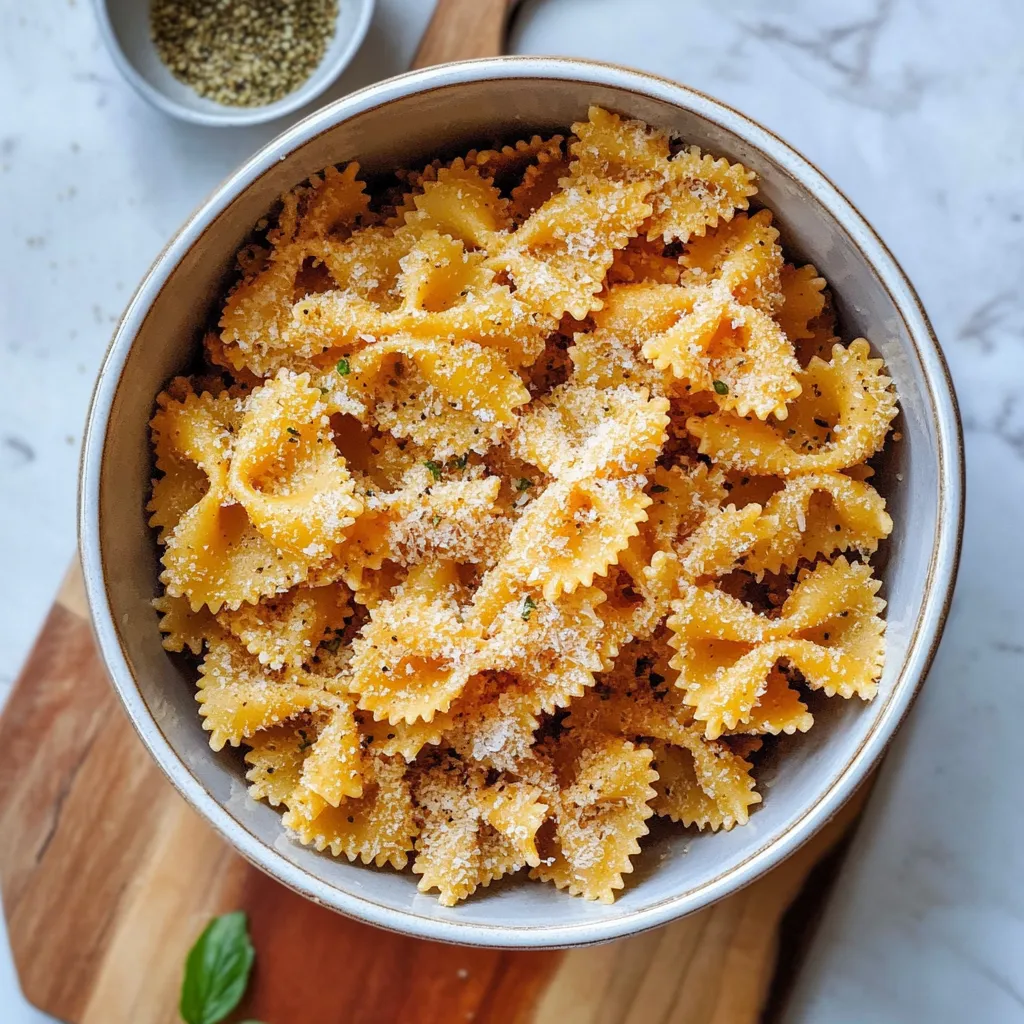 A bowl loaded with crispy pasta, parmesan sprinkled on top.