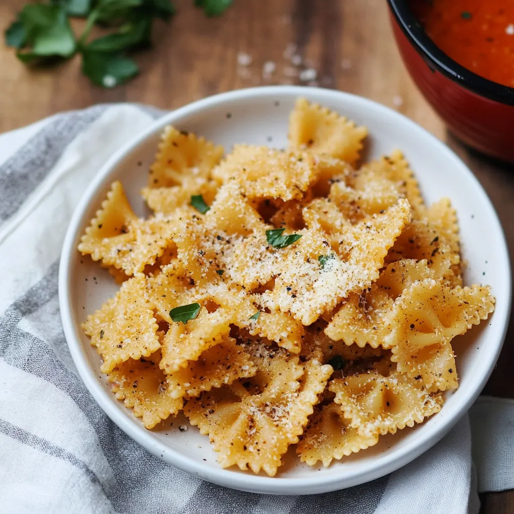 A bowl of pasta with cheese and herbs on a table.