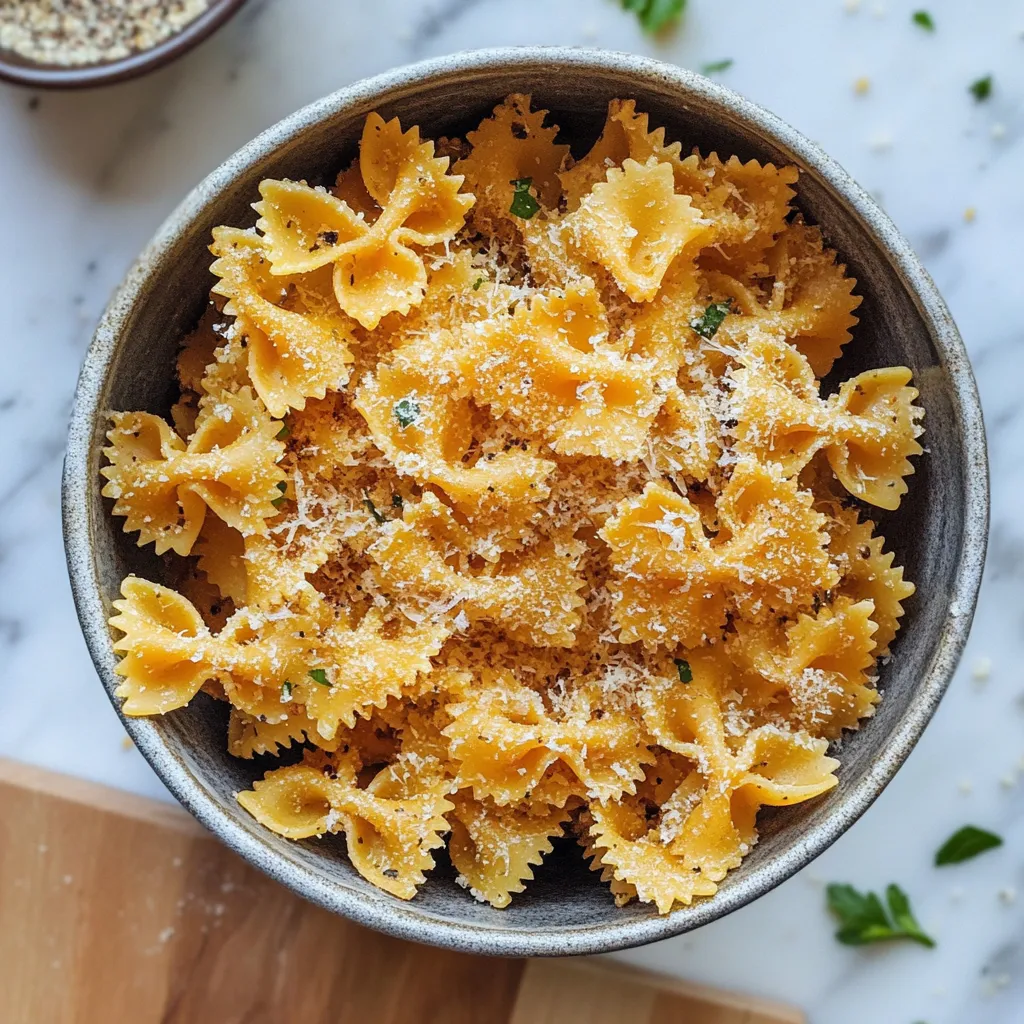 A bowl of pasta with cheese and herbs.