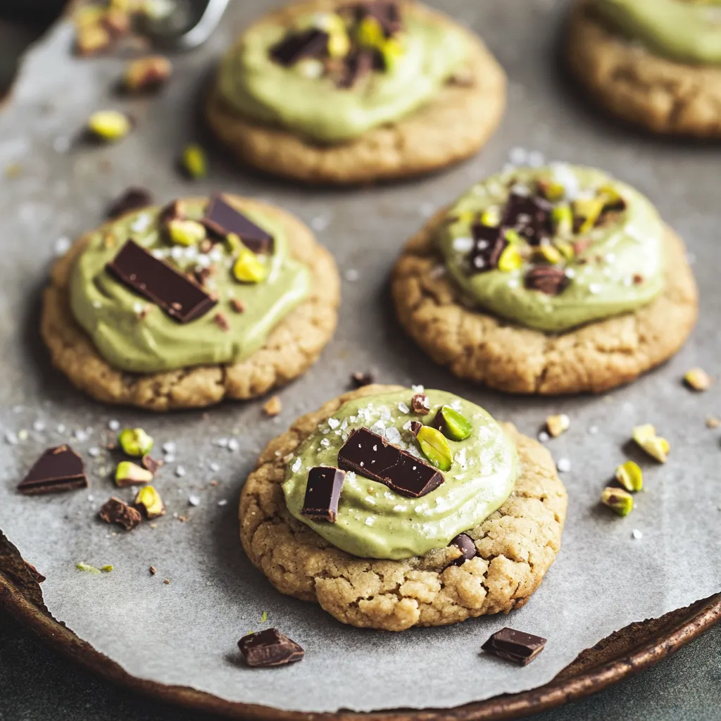 A plate stacked with cookies, topped with green bits and chunks of chocolate.