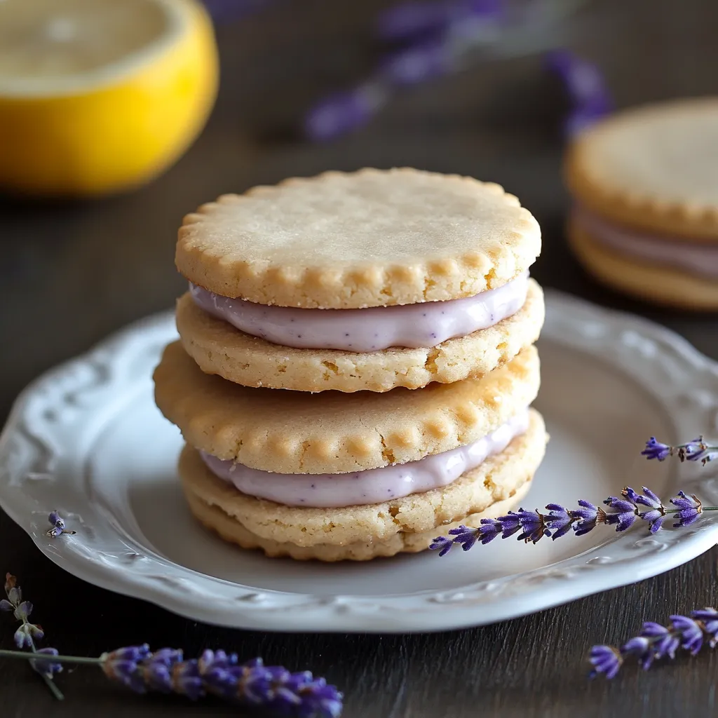 A stack of four cookies with a pink filling, sitting on a white plate.