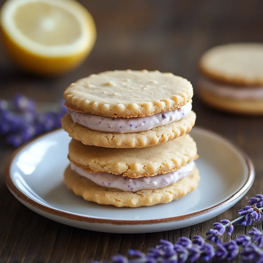 A stack of four cookies with purple frosting and lemon wedges on a plate.