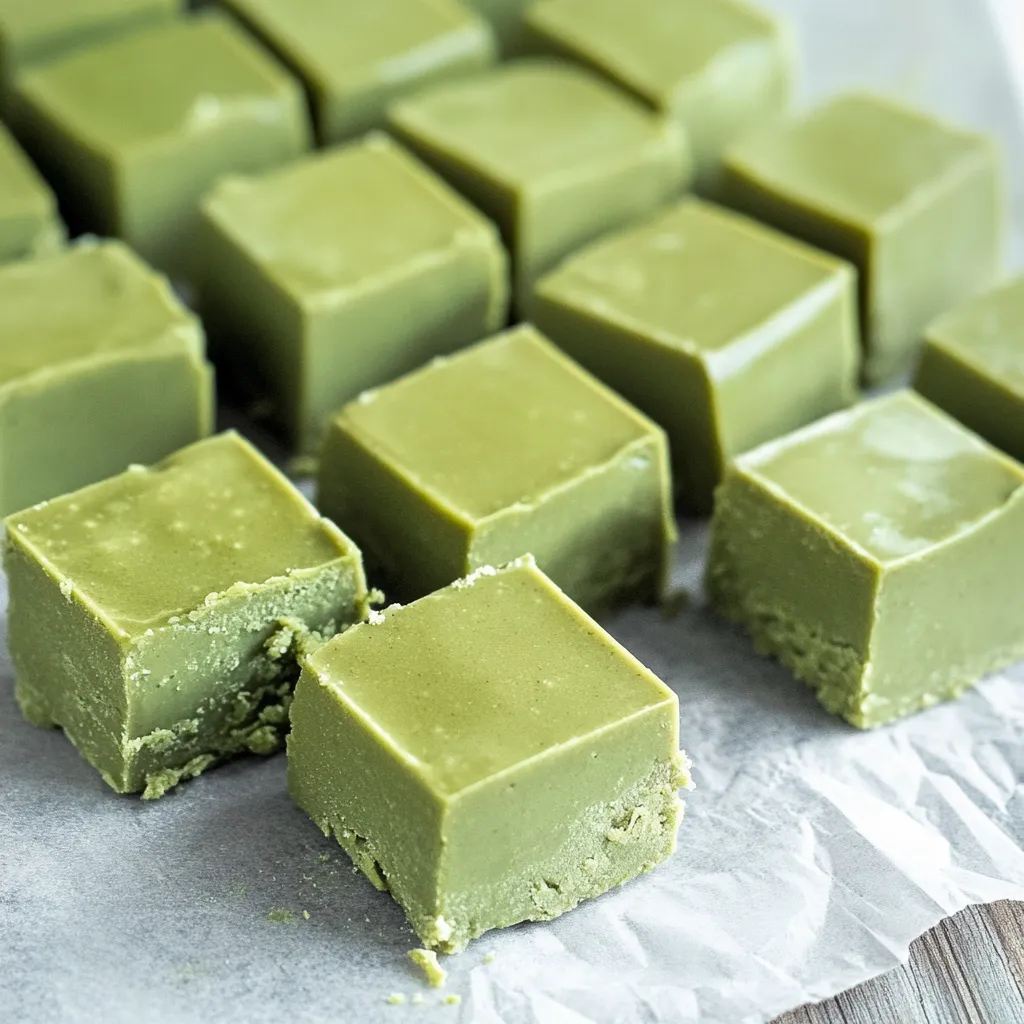 There’s a green square dessert sitting on a table.