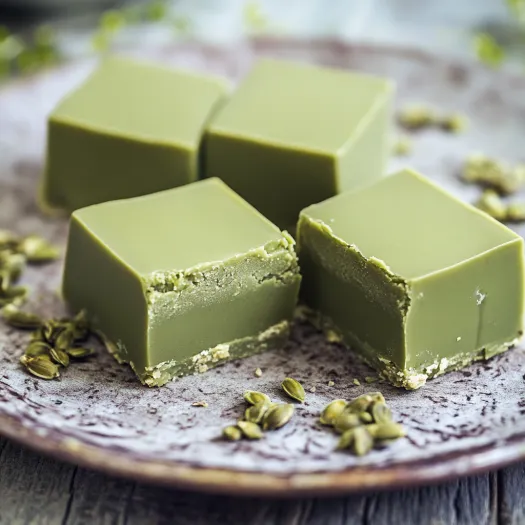 A square of green cake on a plate.