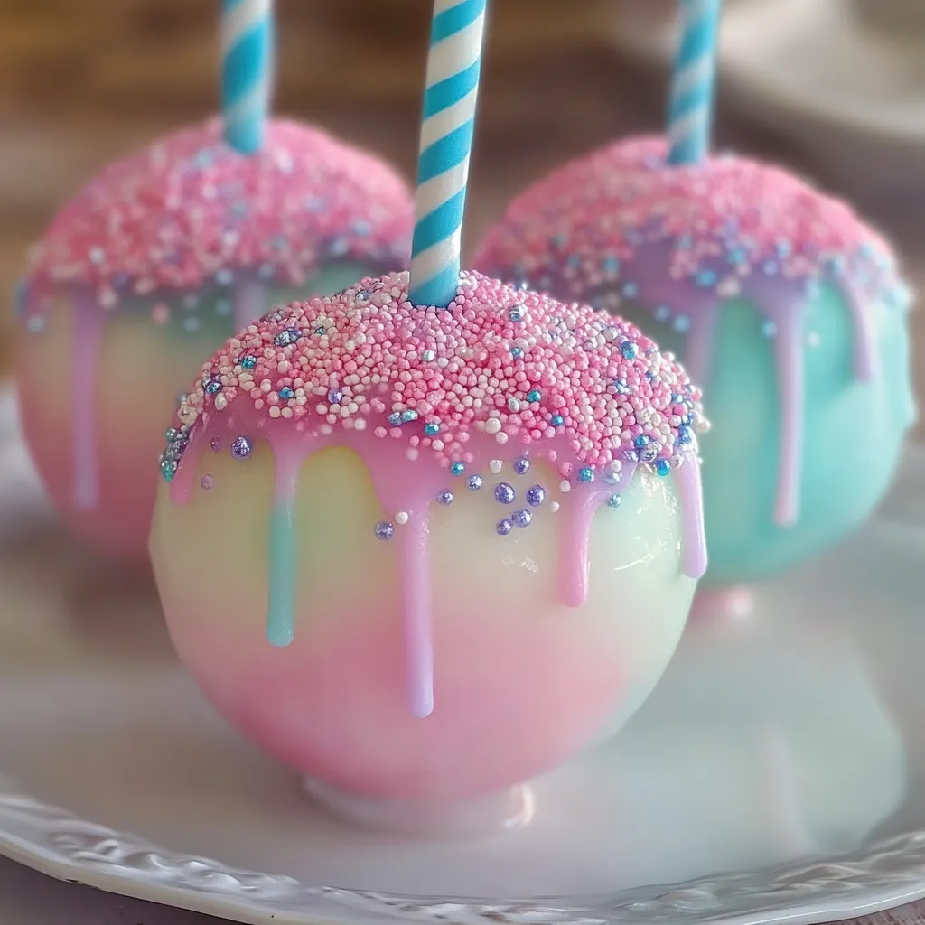 Three bright candy apples showing blue, pink, and green toppings with a blue candle in the center.
