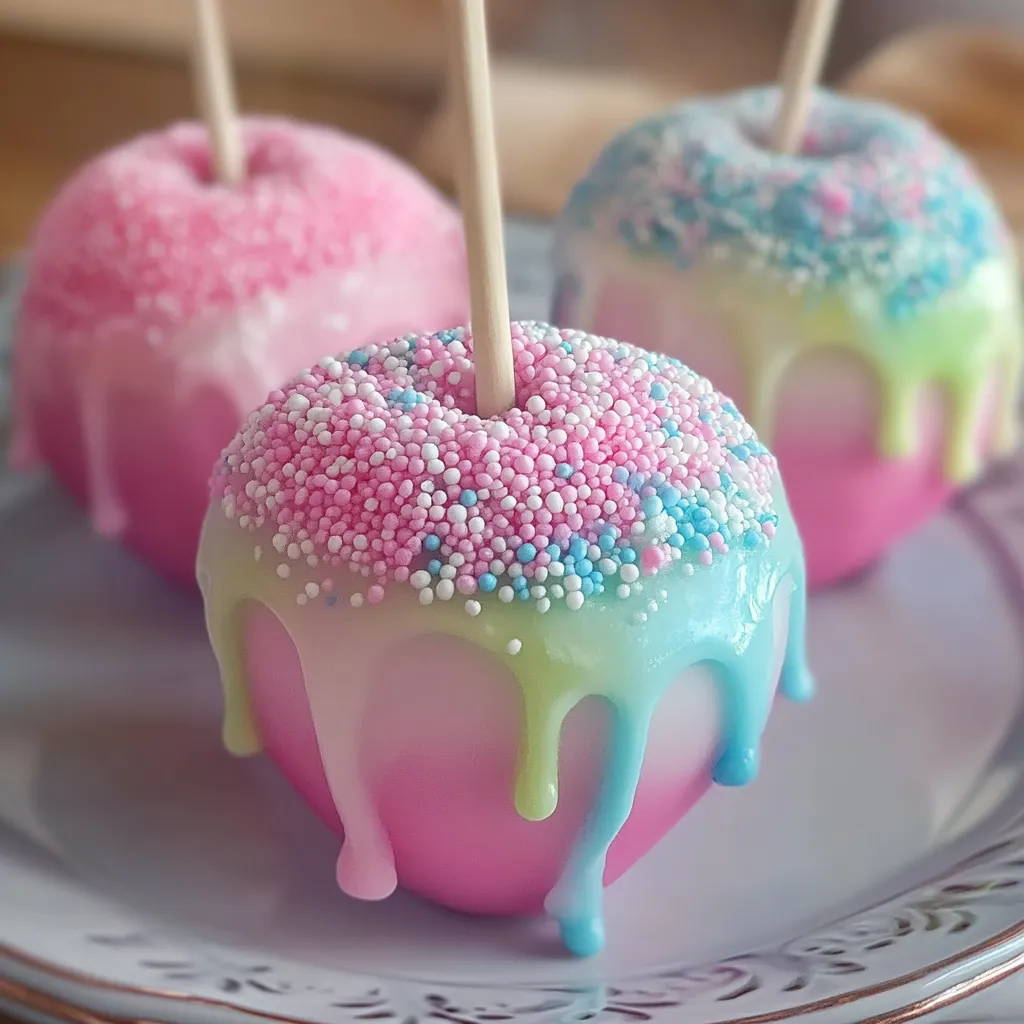 A dish filled with three eye-catching candy apples.