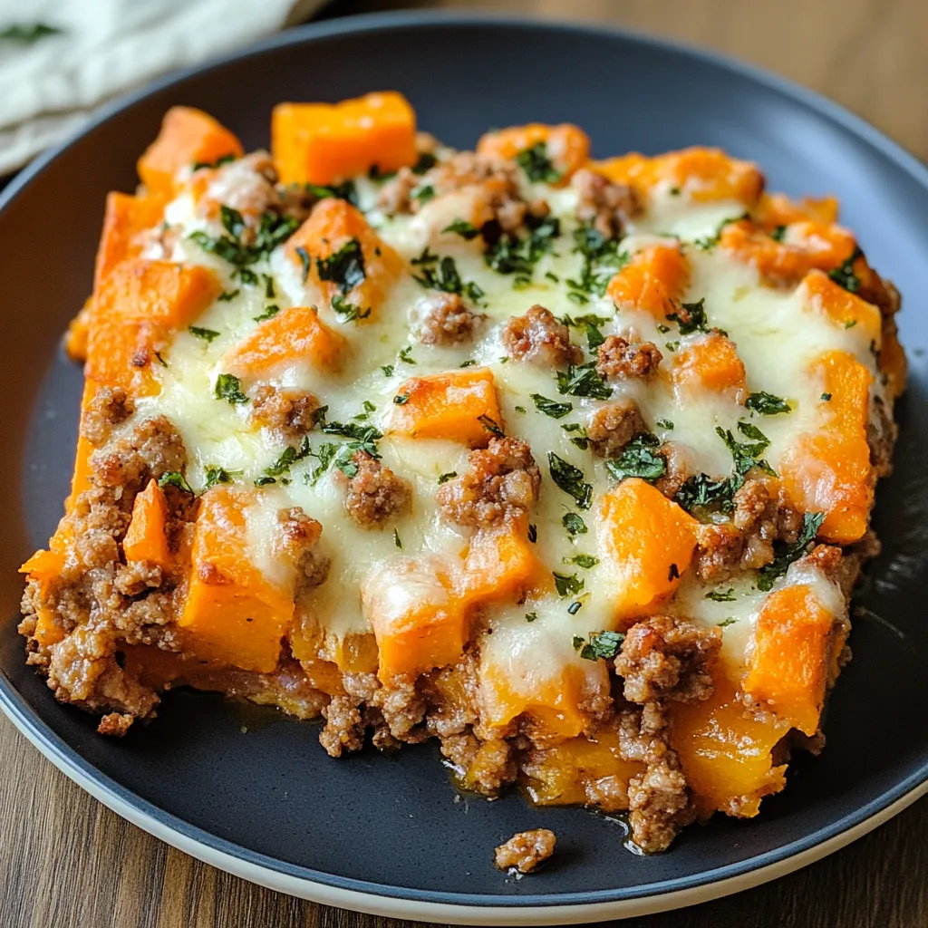 A square plate of food with a slice of meat and vegetables.