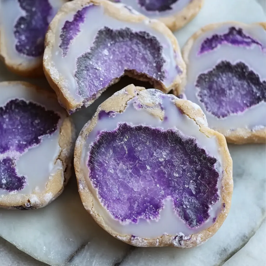 A stack of purple cookies with bright glaze on a plate.