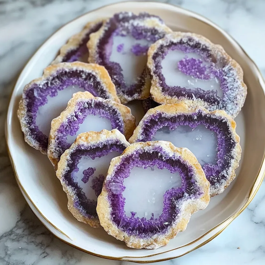 A plate with a variety of cookies, including one with a purple icing.
