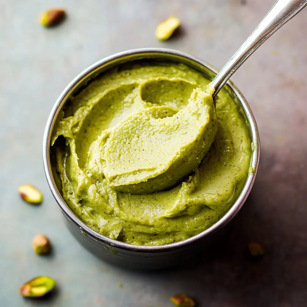 Green spread scooped up in a spoon from a bowl.