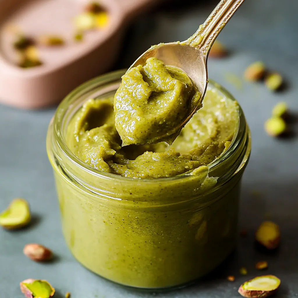 A spoon is scooping up a green substance from a jar.
