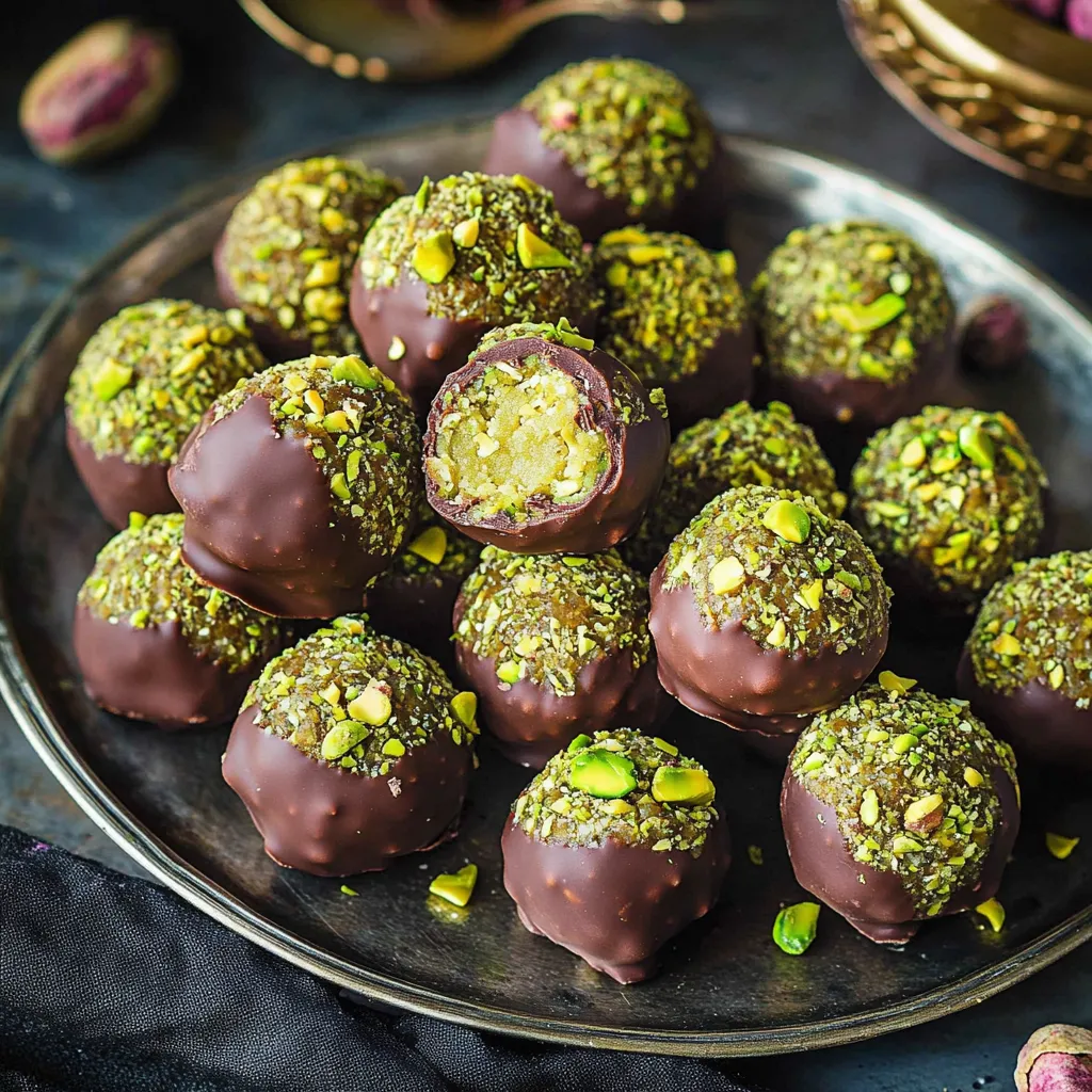 Chocolate balls topped with nuts and a few raisins on a plate.