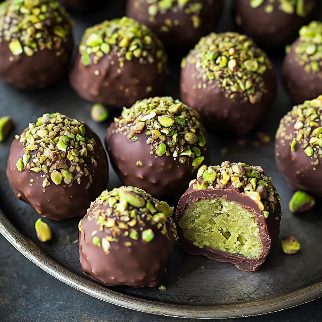 A plate of chocolate balls with pistachio nuts on top.