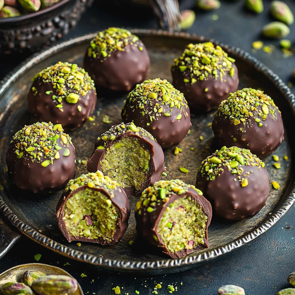 A plate of chocolate balls with green toppings.