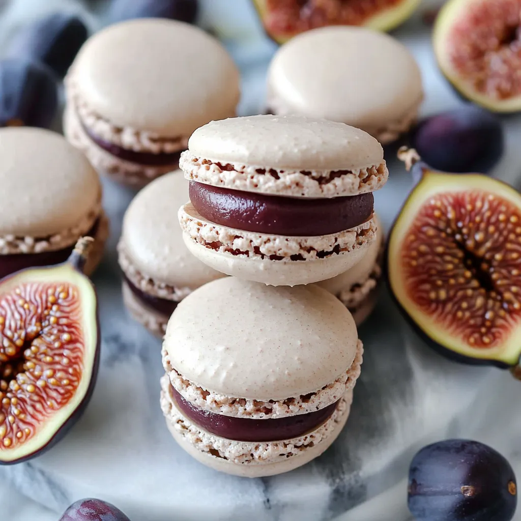 A plate of macaroons with a slice of fig on top.