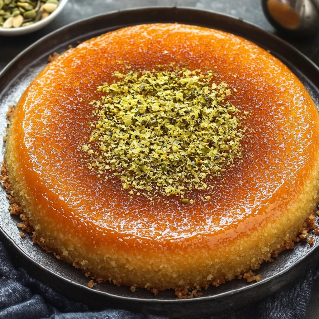 A round pastry topped with bright green nuts.