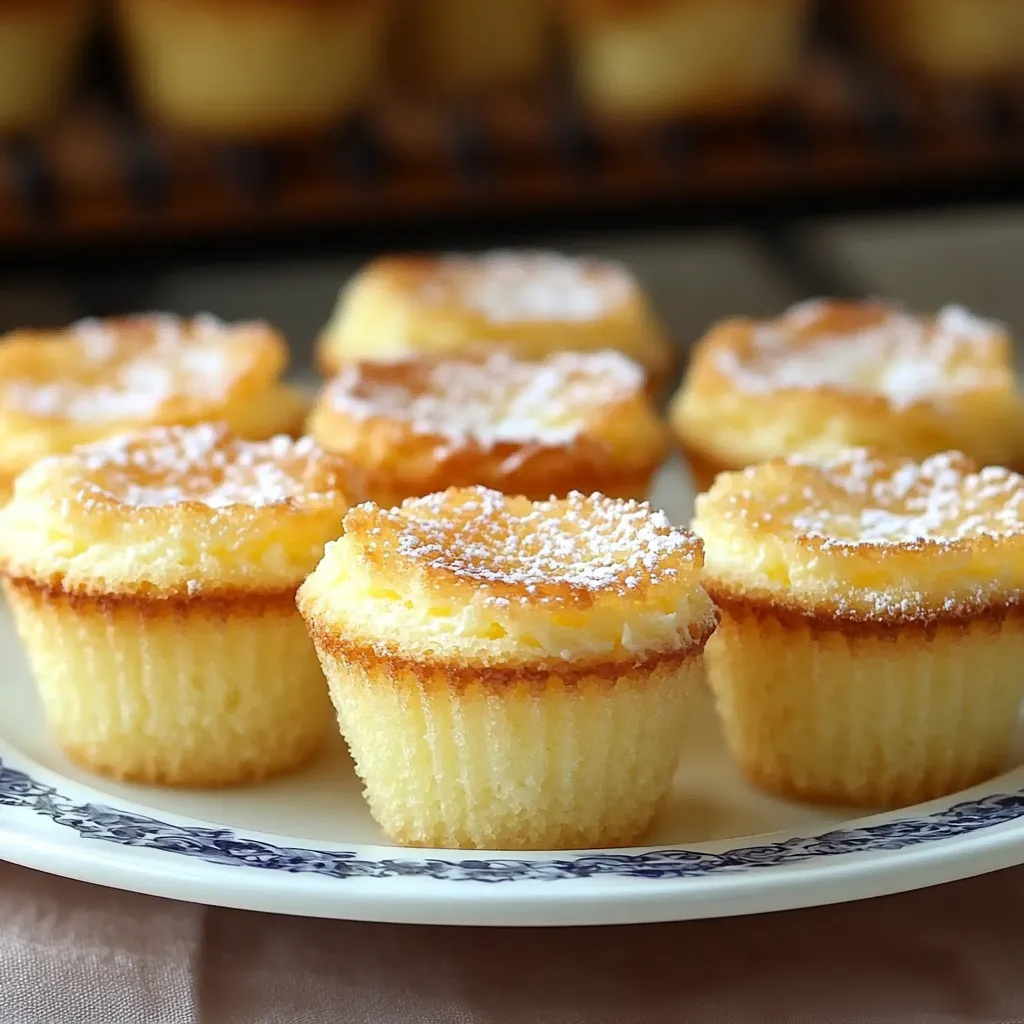 A plate of cupcakes with powdered sugar on top.