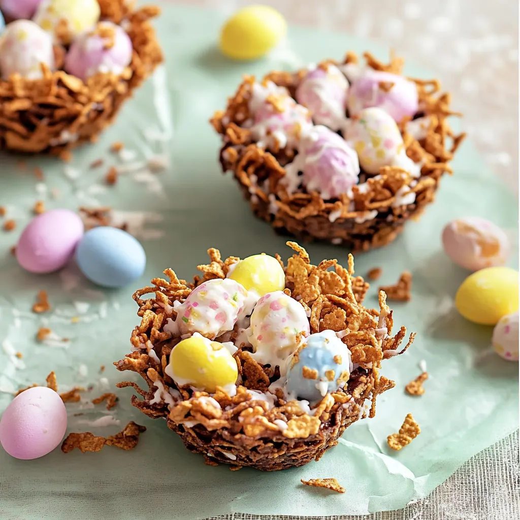 A bowl filled with crispy cereal, mini eggs, and marshmallows.