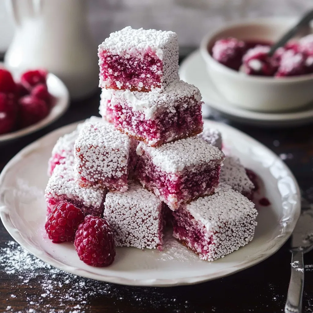 A stack of white and red raspberry desserts.