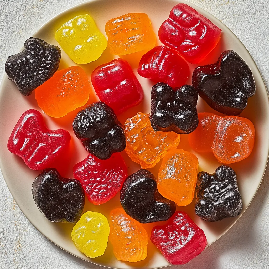 A plate loaded with colorful chewy snacks.