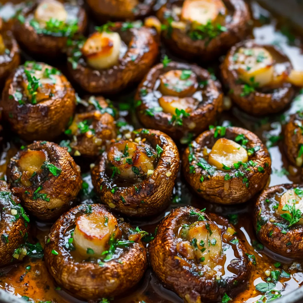 Mushrooms in a pan with sauce.