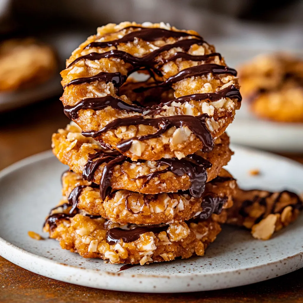 Donuts stacked with chocolate ribbons drizzled on top.