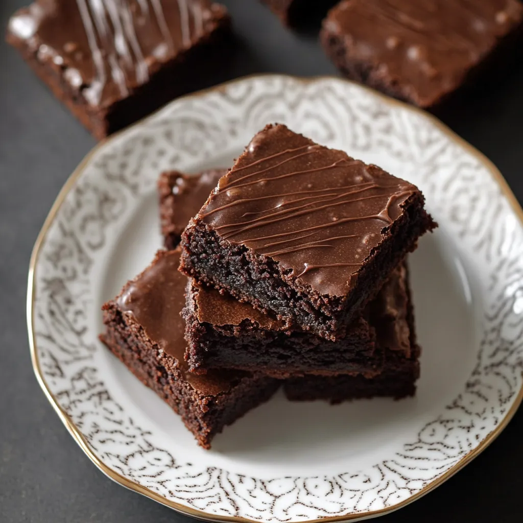 Chocolate brownie slices stacked up on a plate.