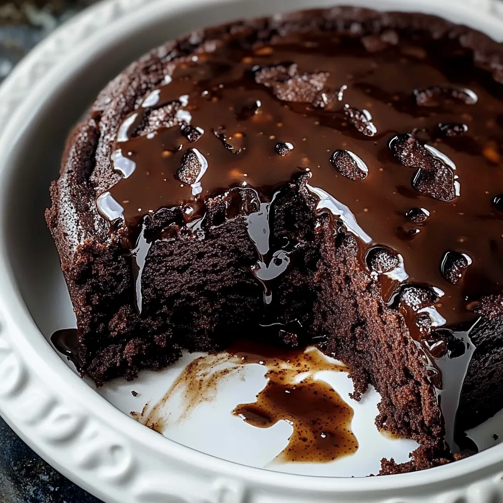 Chocolate cake topped with chocolatey sauce.