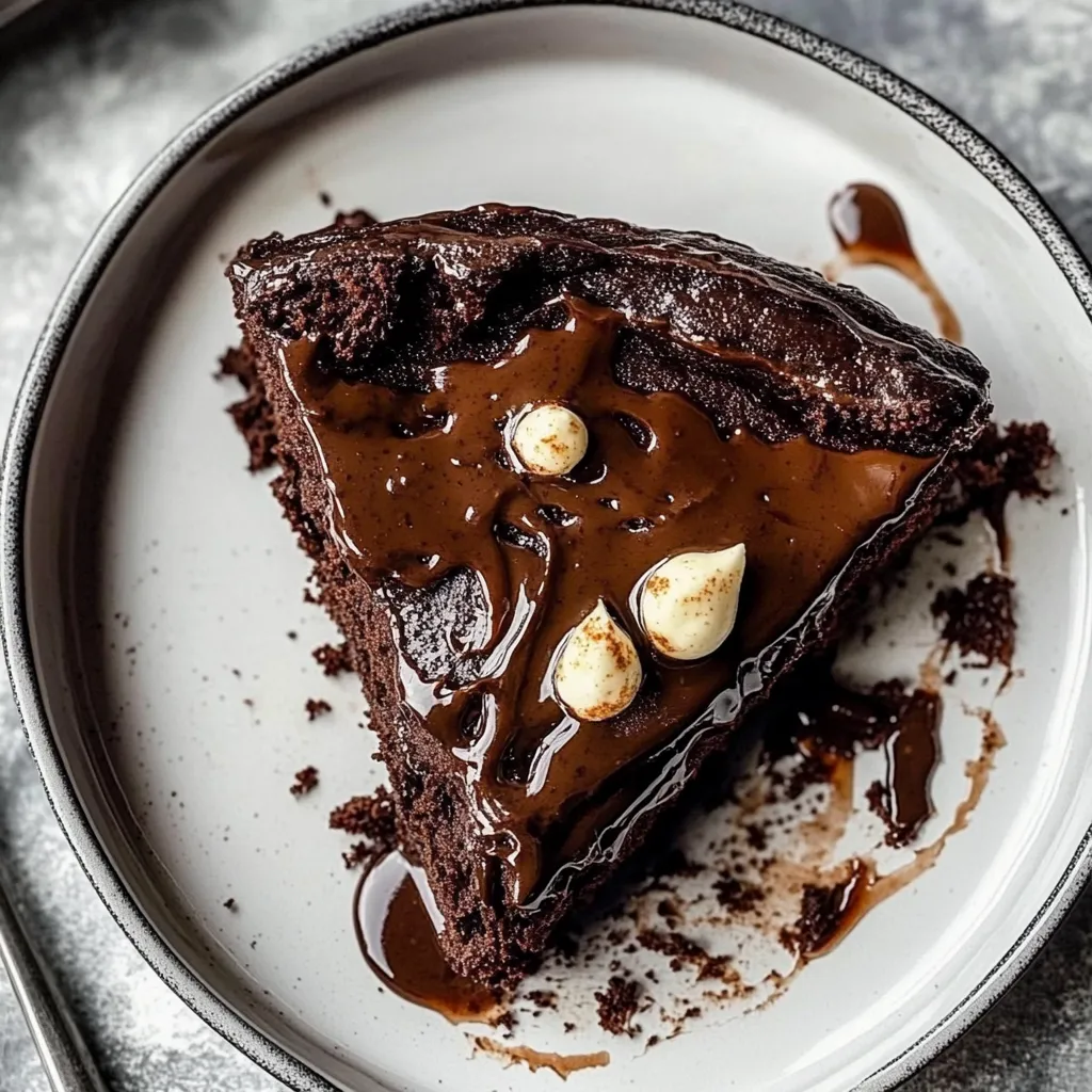 A slice of chocolate cake with chocolate drizzle.