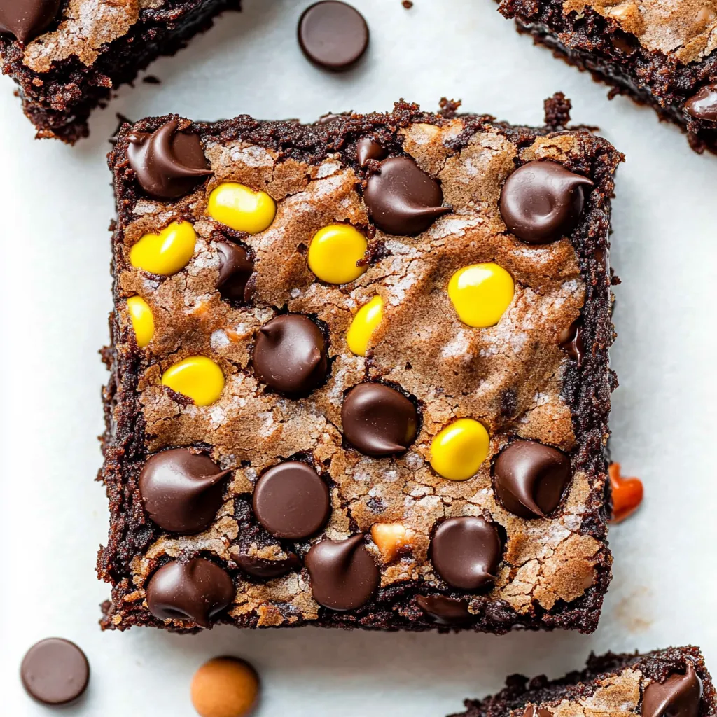 A brownie bar topped with bright M&Ms, oats, and melty chocolate chips.