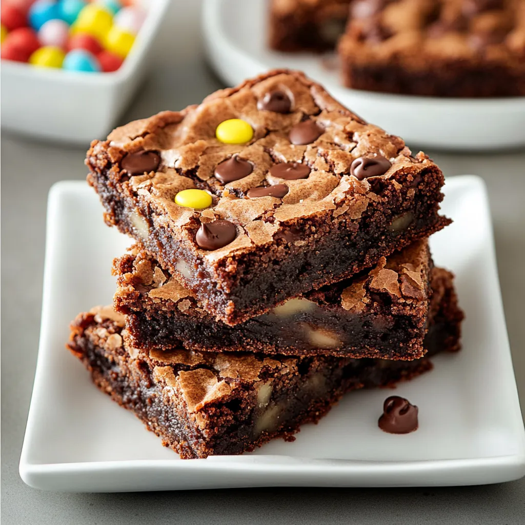 A plate of chocolate cake with chocolate chips and yellow candies.