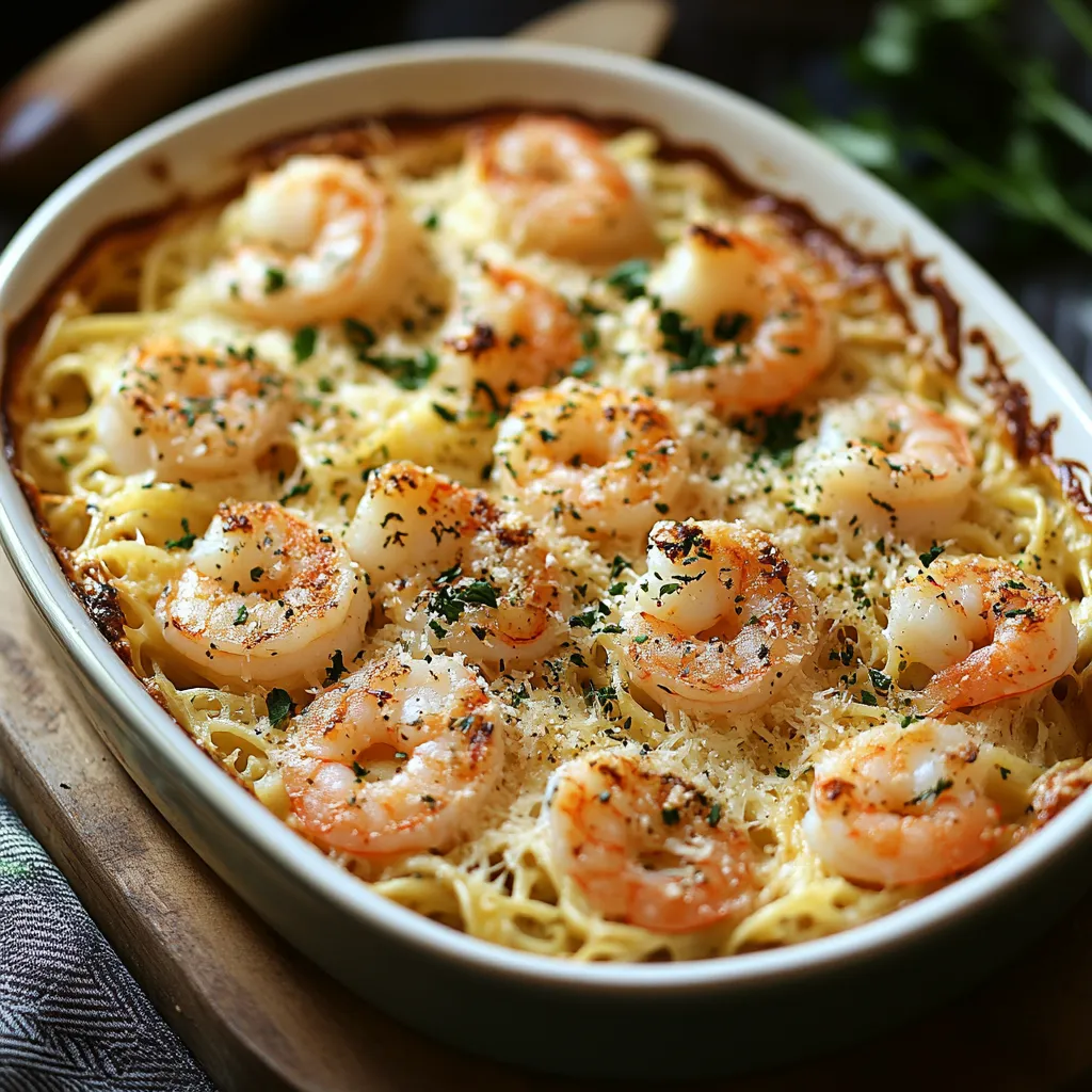 A bowl packed with cheesy pasta and shrimp.