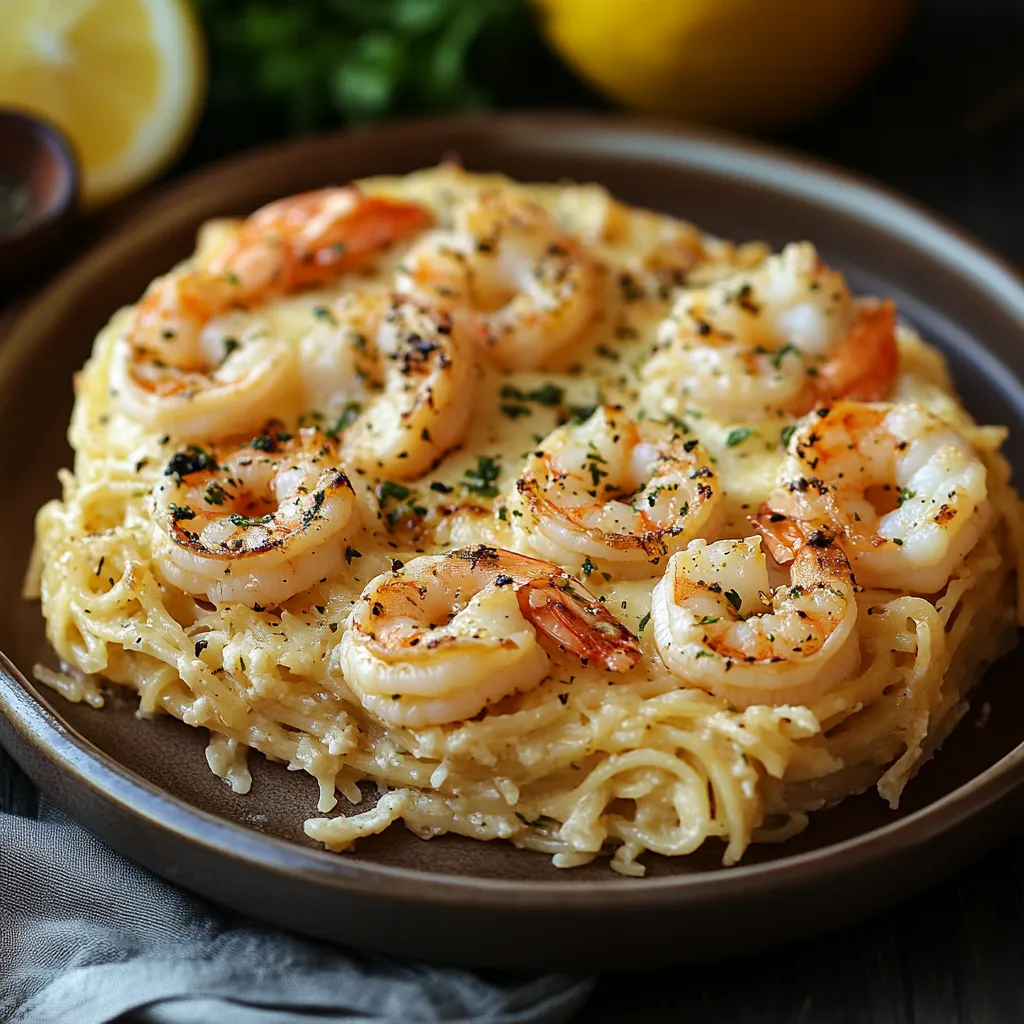 A plate of shrimp and pasta.