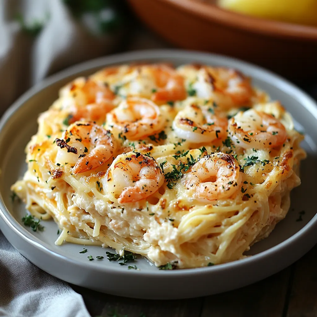 A plate of shrimp and pasta.