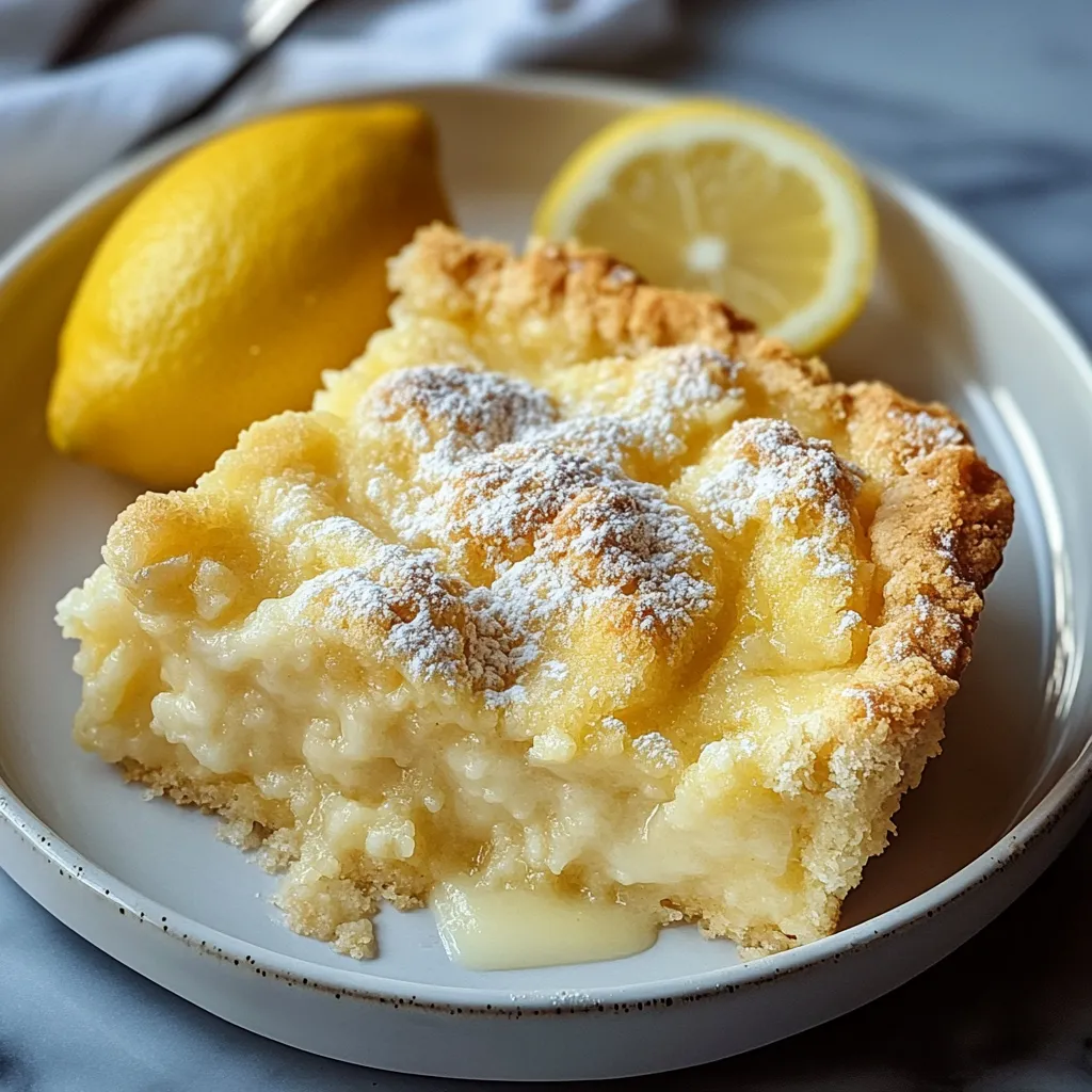 A slice of lemon cake with powdered sugar on top.