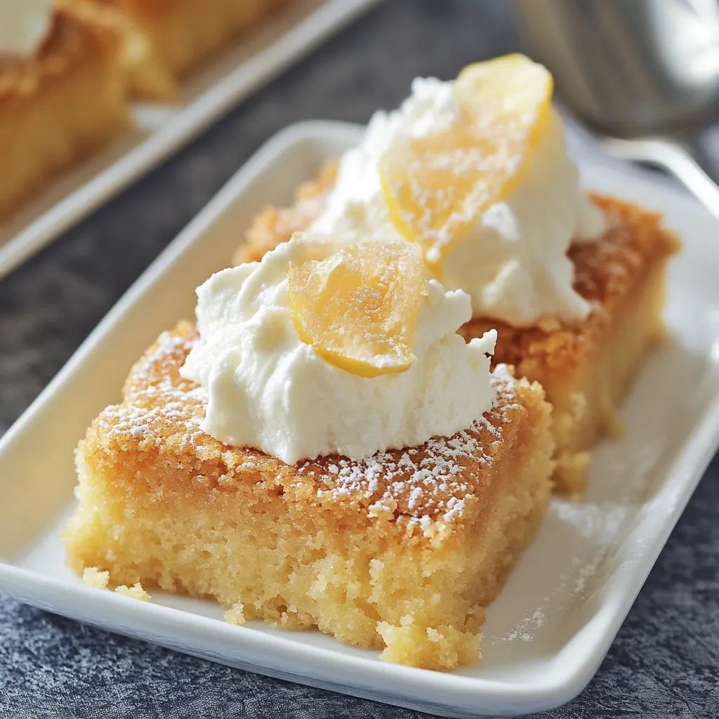 A slice of cake with whipped cream and lemon on top.