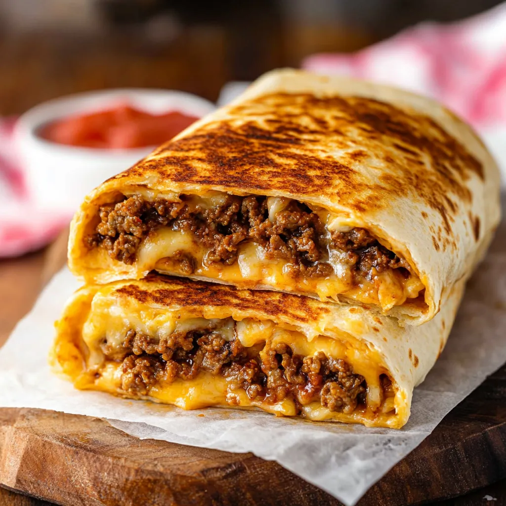 A burrito with melted cheese and beef on a table.