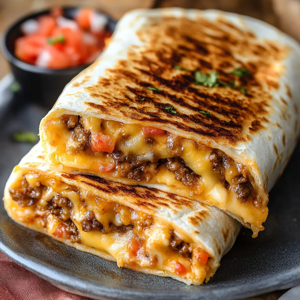 A burrito with cheese and tomatoes.