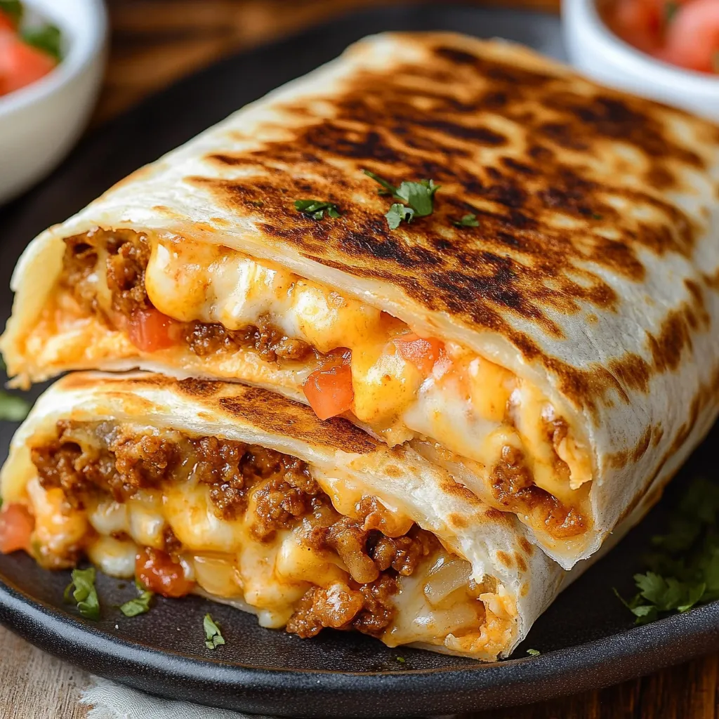 A burrito with cheese and tomatoes.