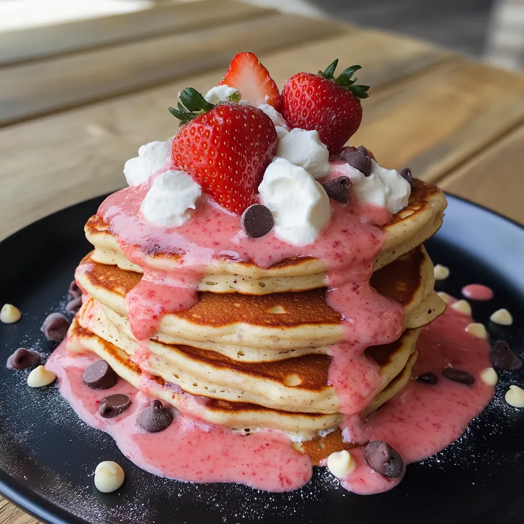 Pancake stack topped with strawberries and whipped cream.