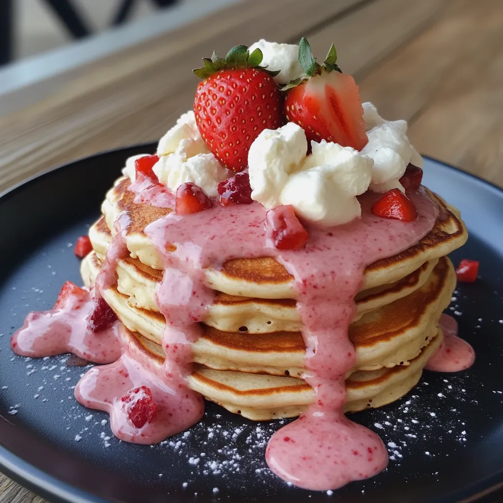 A stack of pancakes with strawberries and whipped cream.