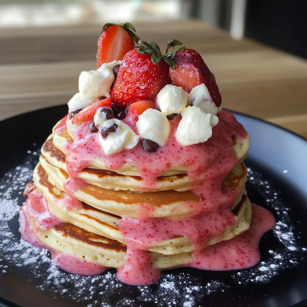 A stack of pancakes with strawberries and whipped cream.