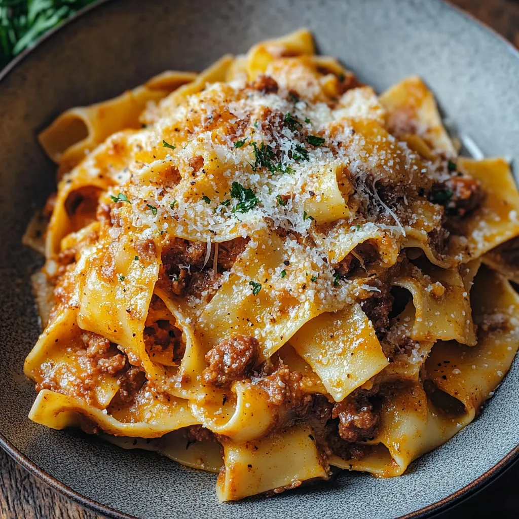 A cozy plate of pasta with sausage and Parmesan cheese.