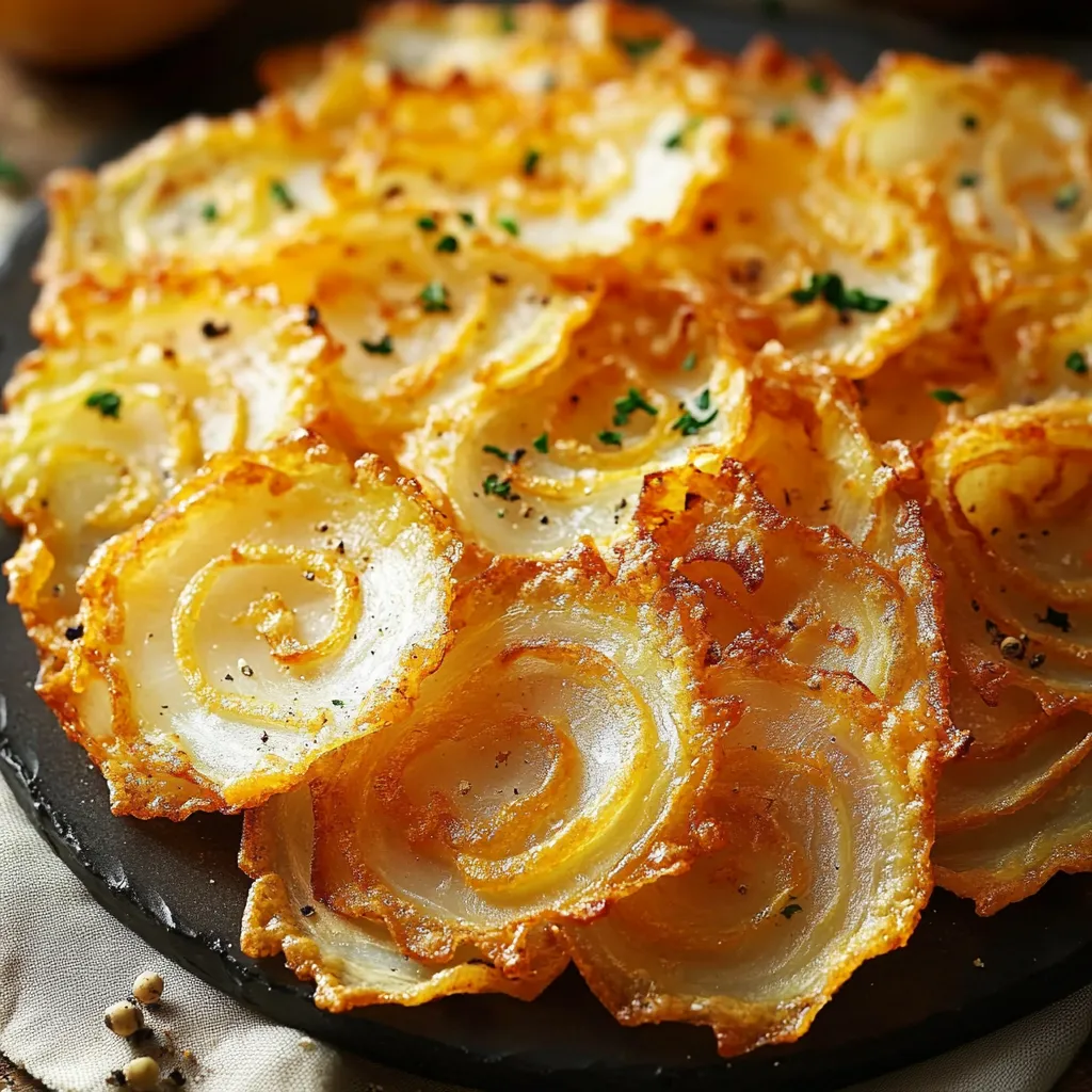 A plate of crispy treats with onion and cheese layers.